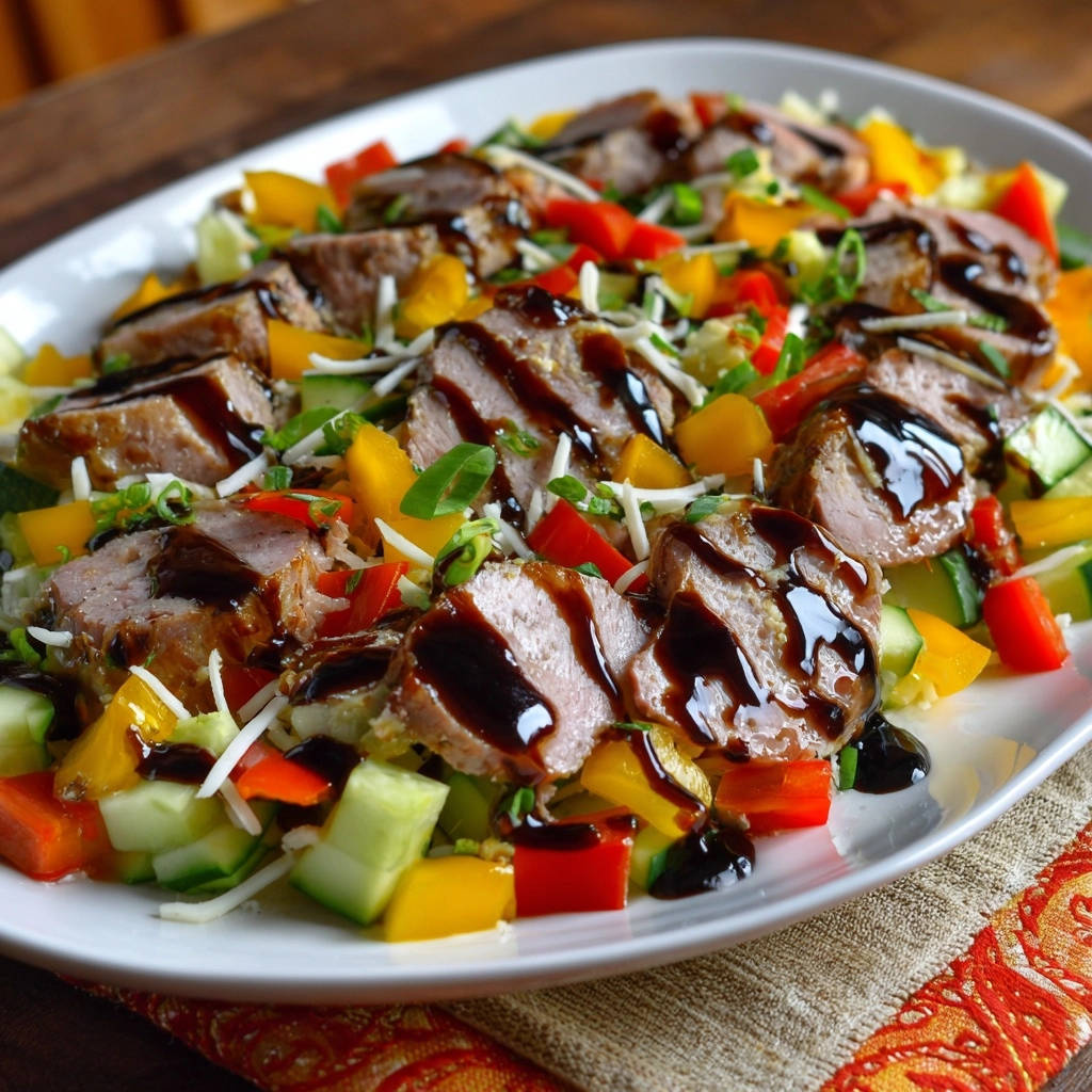 Saftiges Putenfilet auf Sommergemüse-Bett, draufsicht von oben. Die saftigen Putenfilet-Scheiben sind mit Balsamico-Glasur garniert.