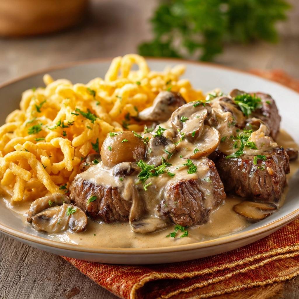 Saftiges Rinderfilet mit cremiger Champignon-Rahmsauce serviert auf einem Teller, garniert mit frischer Petersilie und Spätzle.