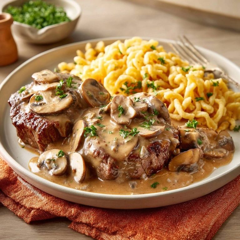 Saftiges Rinderfilet mit cremiger Champignon-Rahmsauce serviert auf einem Teller, daneben Spätzle und frische Kräuter. Ein köstliches Hauptgericht.