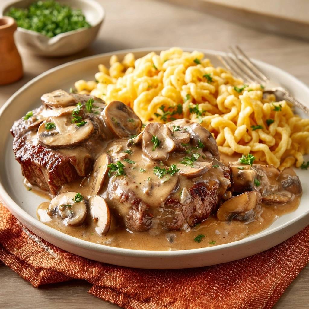 Saftiges Rinderfilet mit cremiger Champignon-Rahmsauce serviert auf einem Teller, daneben Spätzle und frische Kräuter. Ein köstliches Hauptgericht.