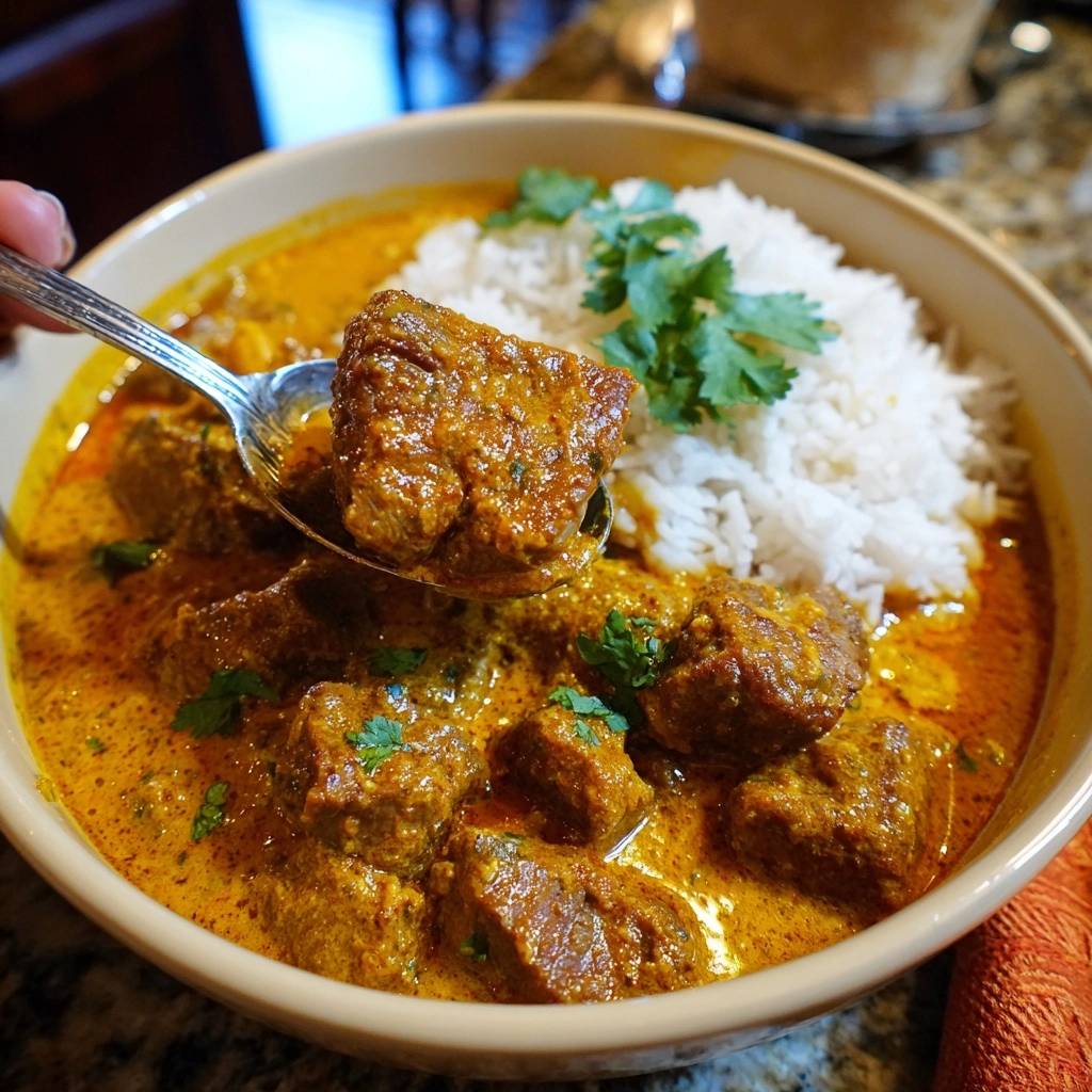 Saftiges Rindfleisch-Curry mit Reis, butterzart, mit einem Löffel aufgenommen, sodass die saftige Textur des Fleisches gut zu sehen ist.