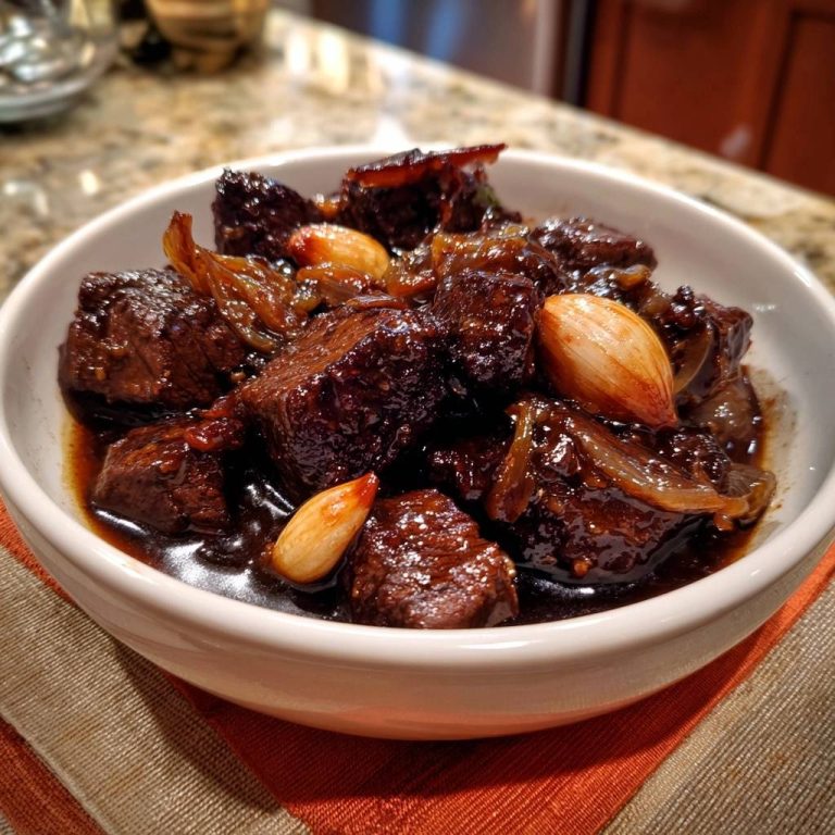 Saftiges Rindfleisch mit Zwiebeln & Knoblauch in einer Nahaufnahme, das die glänzende Sauce und die Knoblauchzehen zeigt.