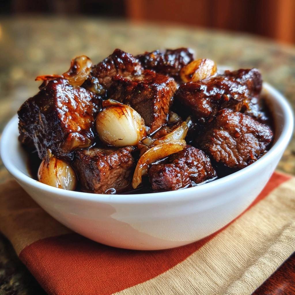 Saftiges Rindfleisch Mit Zwiebeln Nahaufnahme 1 Saftiges Rindfleisch mit Zwiebeln und Knoblauch in einer weißen Schüssel in Nahaufnahme. Das Gericht zeigt eine dunkle, glänzende Sauce.