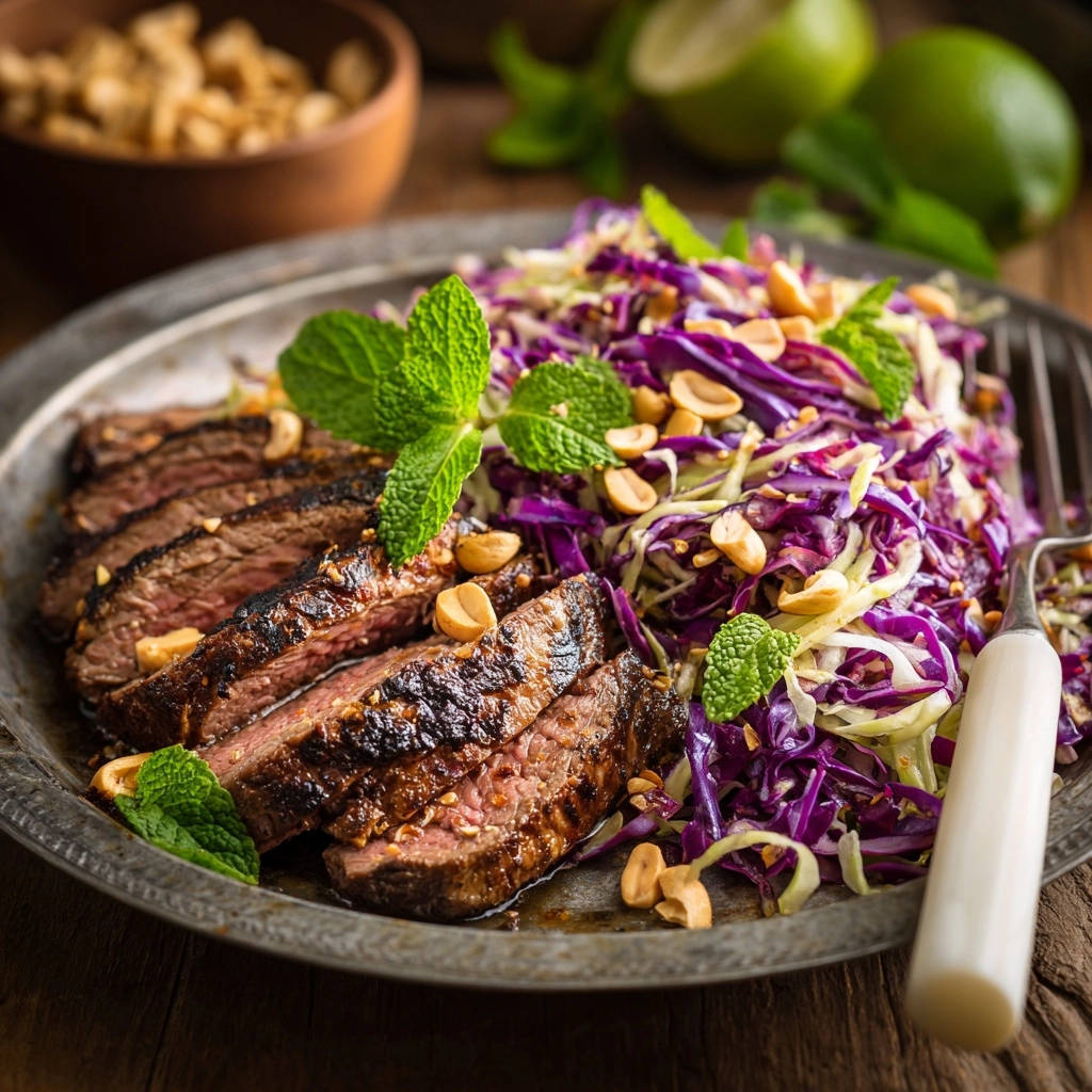 Saftiges Steak Asia Krautsalat Serviert 1 Saftiges Steak mit knackigem Asia-Krautsalat serviert auf einem rustikalen Teller, garniert mit frischer Minze und Erdnüssen.
