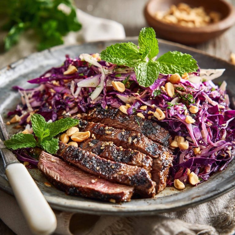 Saftiges Steak mit knackigem Asia-Krautsalat serviert auf einem rustikalen Teller, garniert mit frischer Minze und Erdnüssen.