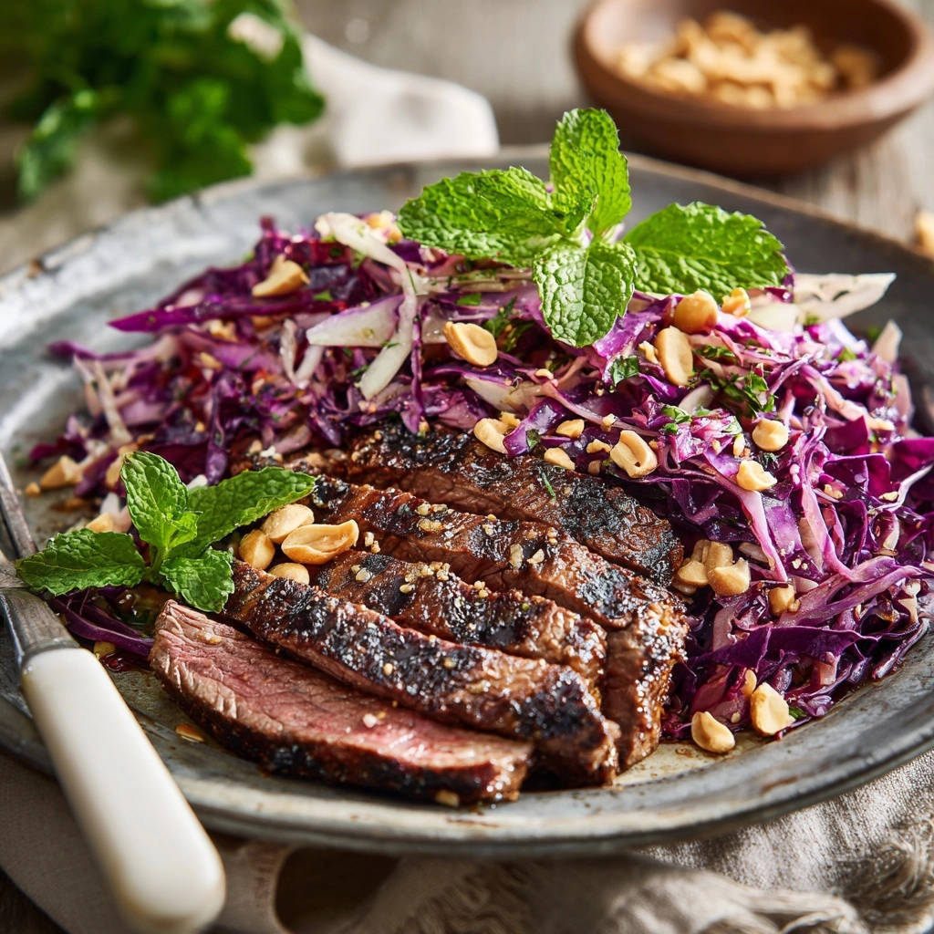 Saftiges Steak mit knackigem Asia-Krautsalat serviert auf einem rustikalen Teller, garniert mit frischer Minze und Erdnüssen.