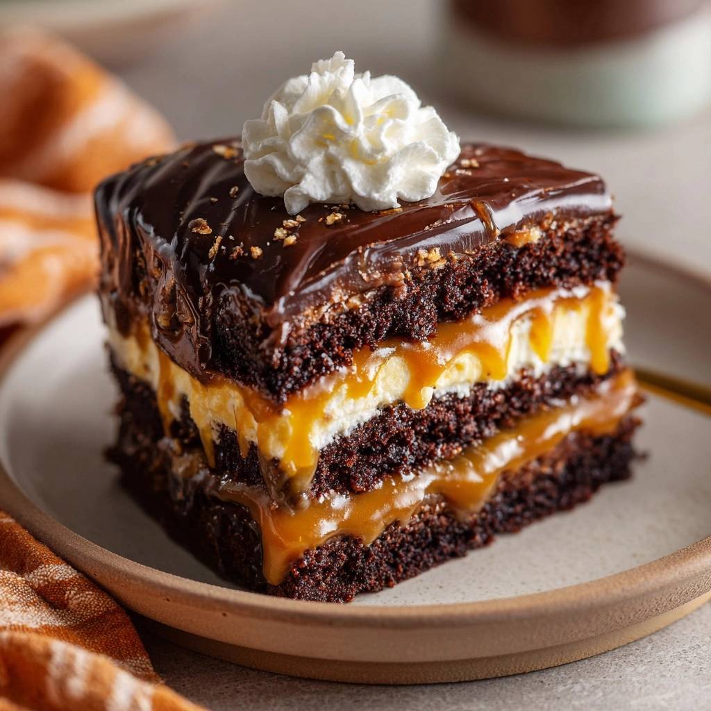 Schoko-Karamell-Kuchen zeigt eine Nahaufnahme des saftigen Innenlebens, mit Schichten aus Schokolade, Karamell und Sahne, serviert auf einem Teller.