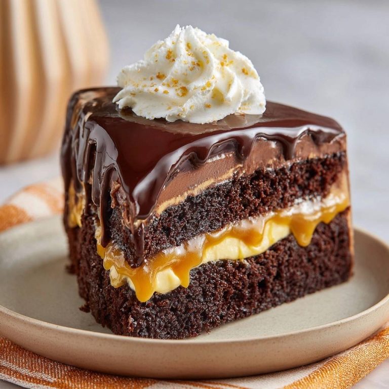 Schoko-Karamell-Kuchen zeigt eine Nahaufnahme des saftigen Innenlebens, mit Schokoladencreme, Karamell und Sahne garniert.