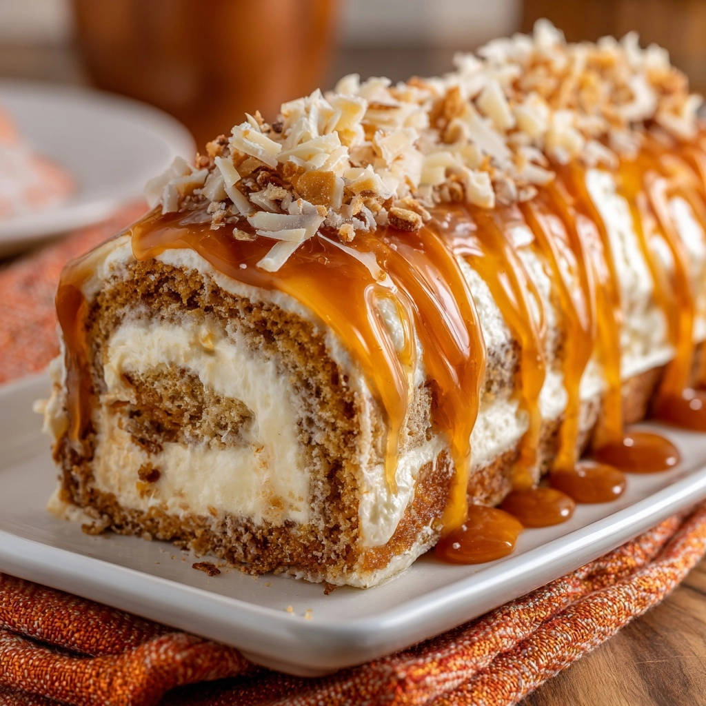 Schoko-Karamell-Roulade mit cremiger Füllung und Karamell-Glasur, die einen verführerischen Querschnitt des Kuchens zeigt.