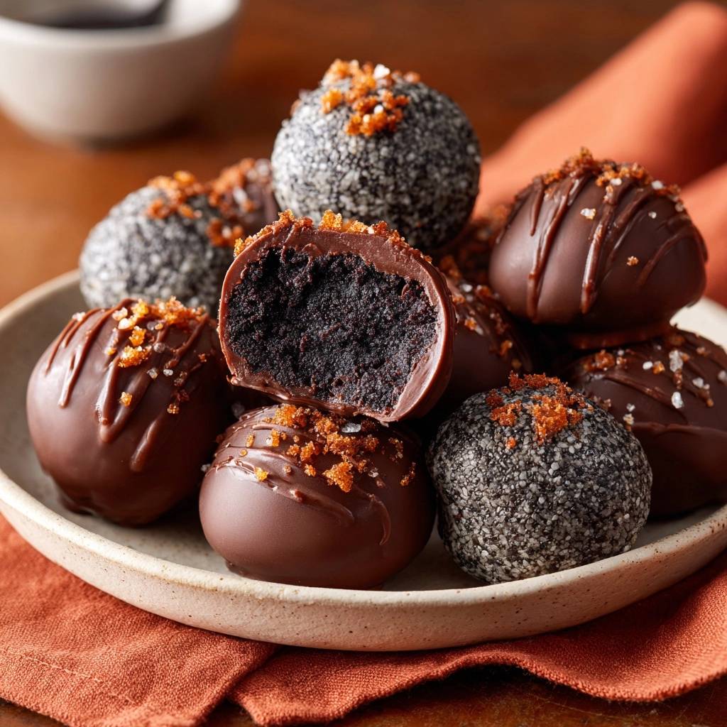 Schwarze Sesam-Orangen-Schoko-Trüffel mit einem angeschnittenen Trüffel, der die dunkle, saftige Innenseite zeigt. Die Schokoladenkugeln sind mit Sesam und Meersalz garniert.