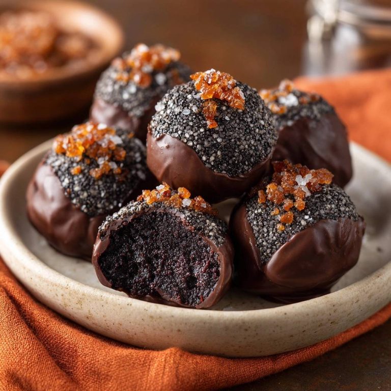Schwarze Sesam-Orangen-Schoko-Trüffel mit einem angeschnittenen Stück, das die samtige Innenstruktur zeigt, serviert auf einem rustikalen Teller.