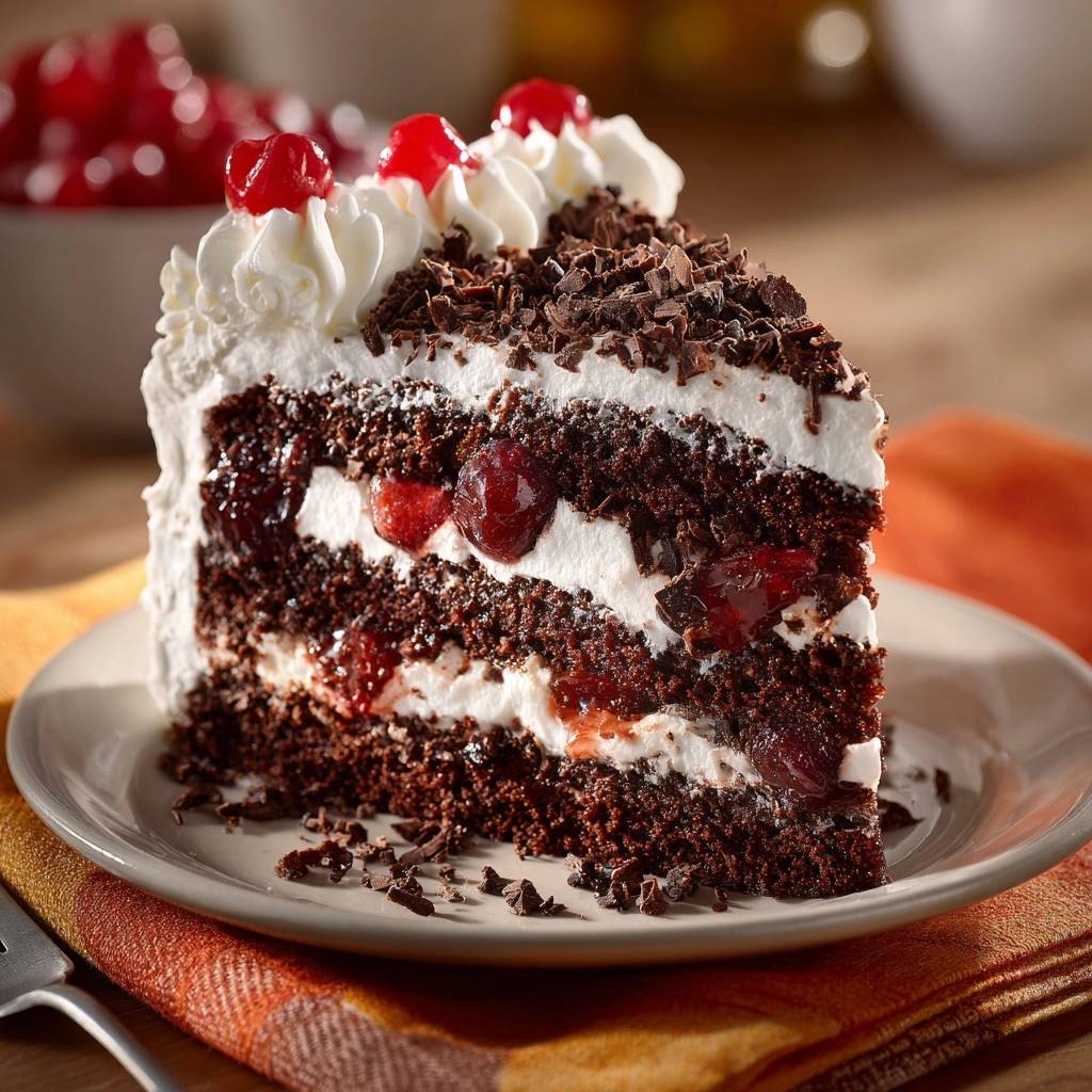Schwarzwälder Kirschtorte: Ein detailreicher Querschnitt mit Kirschen und Sahne, serviert auf einem Teller für den Genuss.