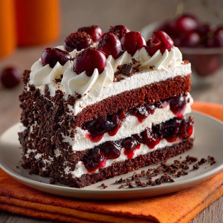 Schwarzwälder Kirschtorte serviert: Der detailreiche Querschnitt zeigt die saftigen Kirschen, Sahne und Schokoladenraspeln. Ein köstlicher Genuss!