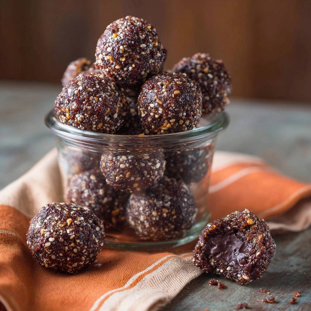 Sesam-Dattel-Energy-Balls mit einem Blick ins Innere, der die cremige Schokoladenfüllung zeigt. Diese kleinen Energiekugeln sind perfekt für den süßen Appetit.