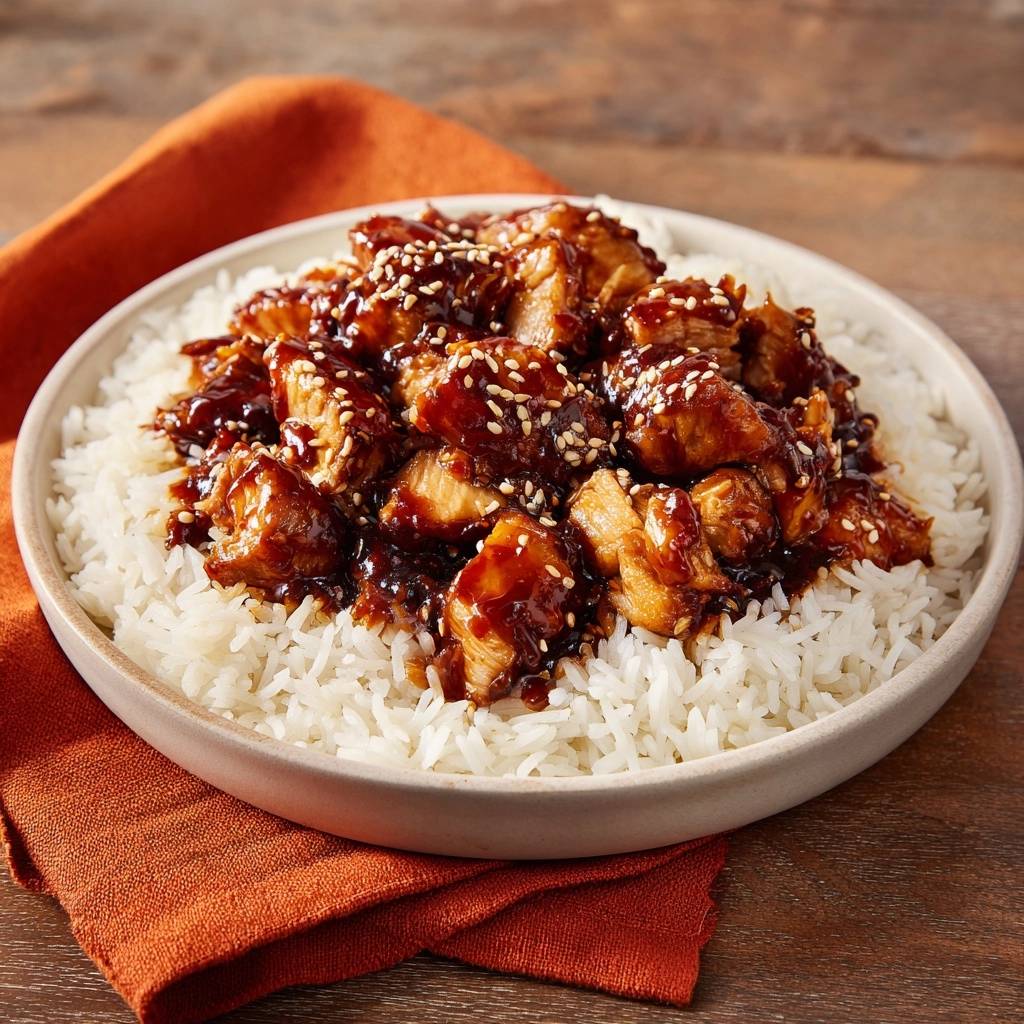 Sesam Huhn Nahaufnahme Garniert 1 Knuspriges Sesam-Hähnchen auf Reis, eine Nahaufnahme des saftigen Hähnchens mit glänzender Sauce und Sesamkörnern garniert.