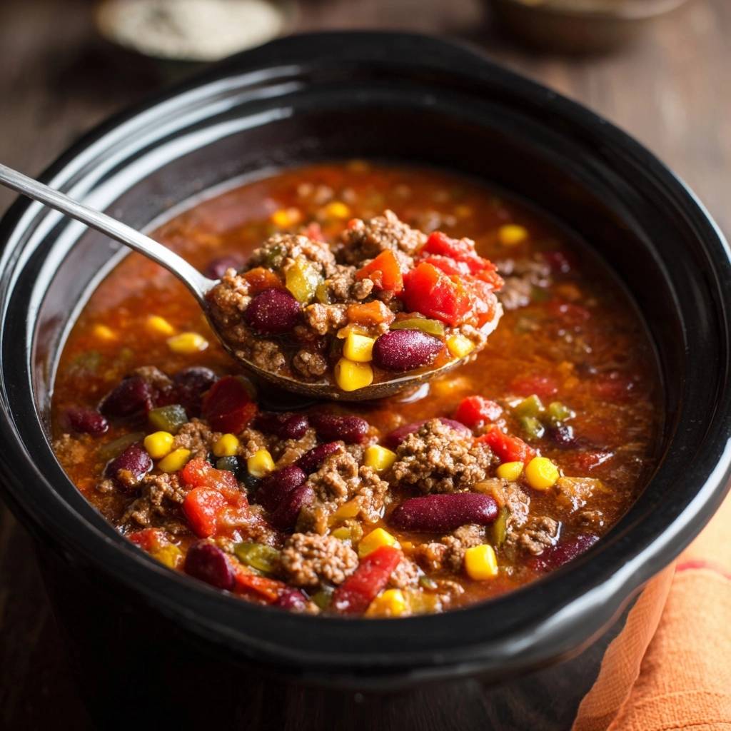 Slowcooker-Chili con Carne, serviert mit einer großen Kelle. Das Chili ist voller Bohnen, Mais und gewürztem Hackfleisch.