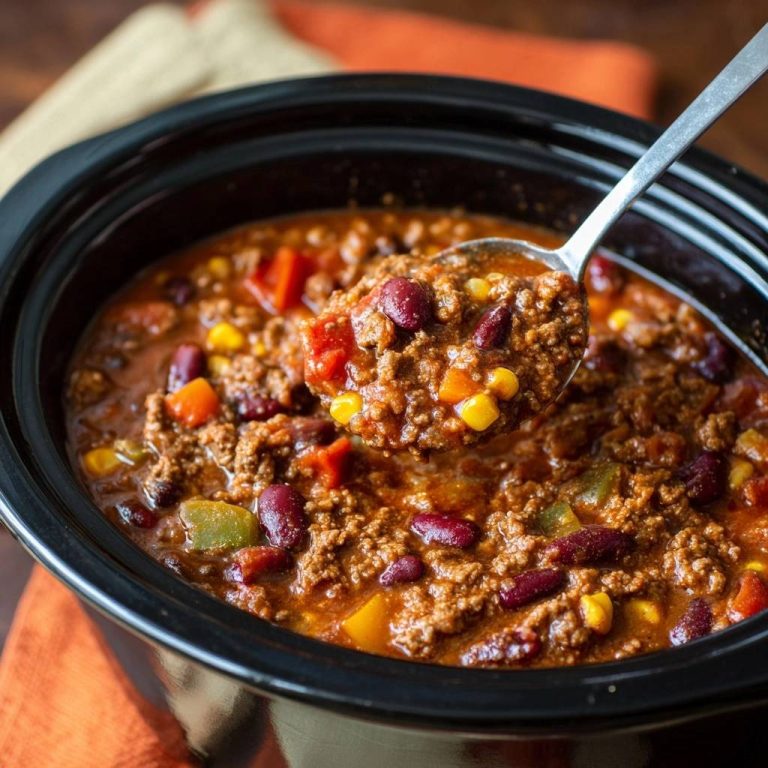 Slowcooker Chili con Carne, das von einem Löffel serviert wird und die reichhaltigen Zutaten zeigt.