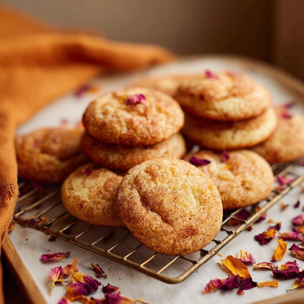Snickerdoodle Cookies mit Rosenblüten, frisch gebacken und auf einem goldenen Kuchengitter abgekühlt, verziert mit Rosenblütenblättern.