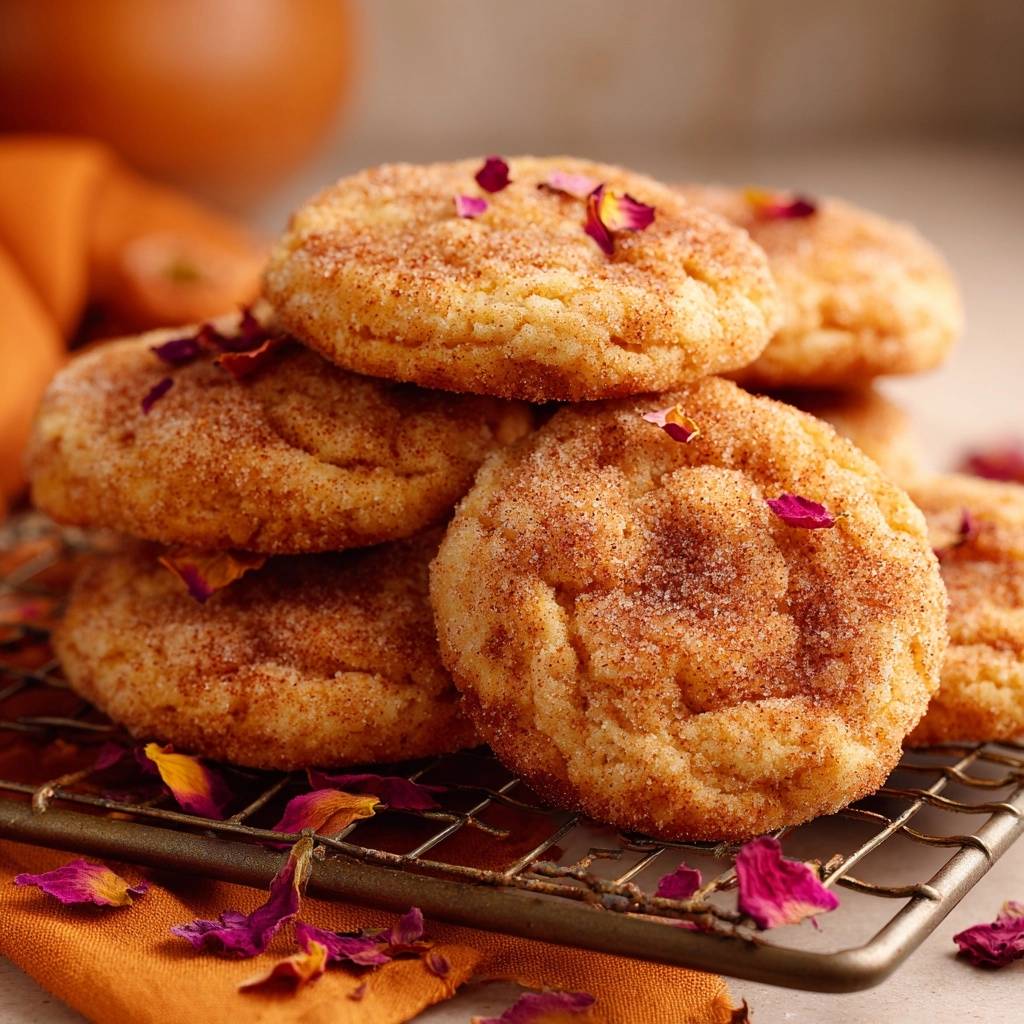 Snickerdoodle Cookies mit Rosenblüten liegen gestapelt auf einem Gitter. Eine Nahaufnahme zeigt die zarten, mit Zimt bestäubten Kekse.
