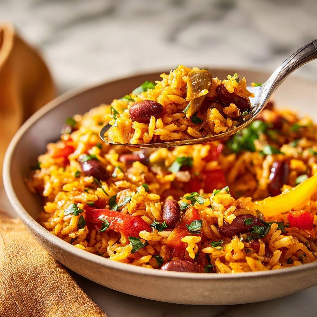 Spanischer Bohnenreis Mit Paprika Lffel Nahaufnahme 1 Spanischer Bohnenreis mit Paprika wird von einem Löffel in Nahaufnahme präsentiert, der die fluffige Textur und die Zutaten zeigt.