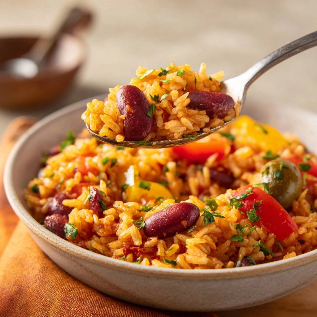 Spanischer Bohnenreis mit Paprika in Nahaufnahme von einem Löffel serviert, mit roten Bohnen, Paprika und frischen Kräutern garniert.