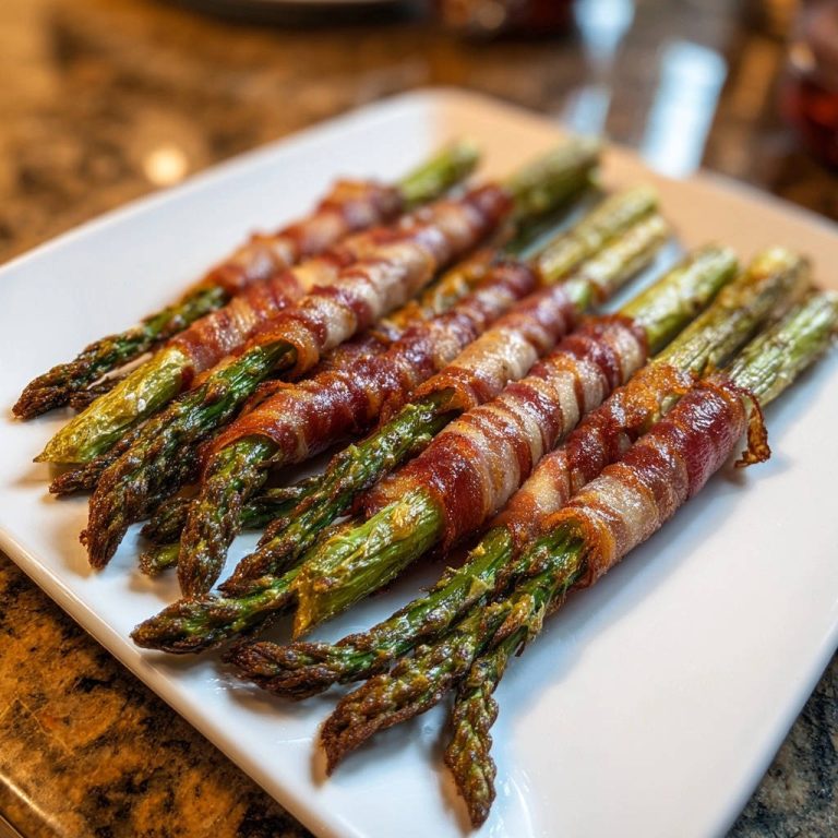 Spargel im Speckmantel, eine schmackhafte Köstlichkeit, präsentiert in einer appetitlichen Draufsicht auf einem weißen Teller. Knusprig gebratener Speck umhüllt zarten Spargel.