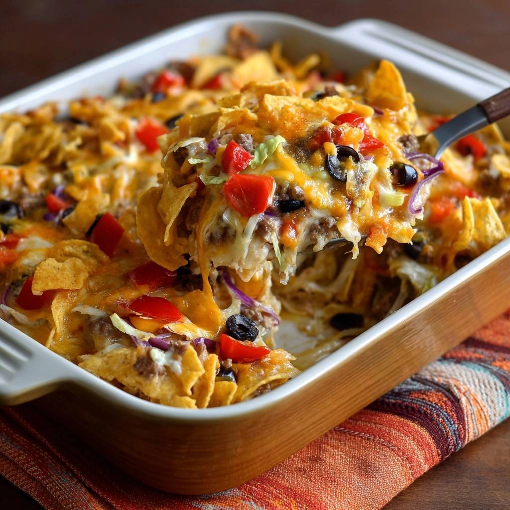 Taco Auflauf, serviert und angerichtet, zeigt eine Nahaufnahme der Zutaten, einschließlich Käse, Gemüse und knusprigen Tortilla-Chips.