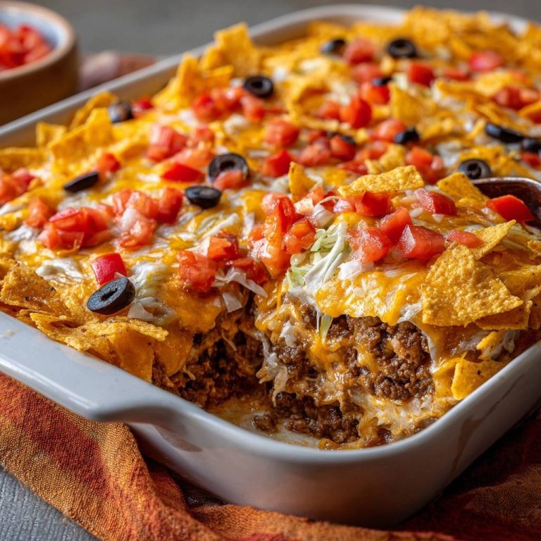 Taco Auflauf mit geschmolzenem Käse, Tomaten und Oliven, in einer Nahaufnahme präsentiert, der einen Blick auf den Innenraum freigibt.