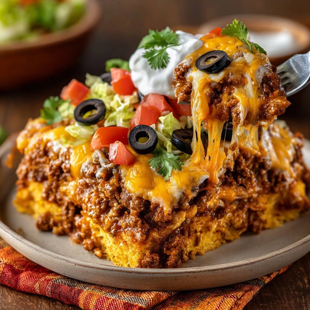 Taco Maisbrot Auflauf Querschnitt Mit Kaese 1 Taco-Maisbrot-Auflauf mit geschmolzenem Käse und einem Blick auf den saftigen Querschnitt, serviert auf einem Teller.