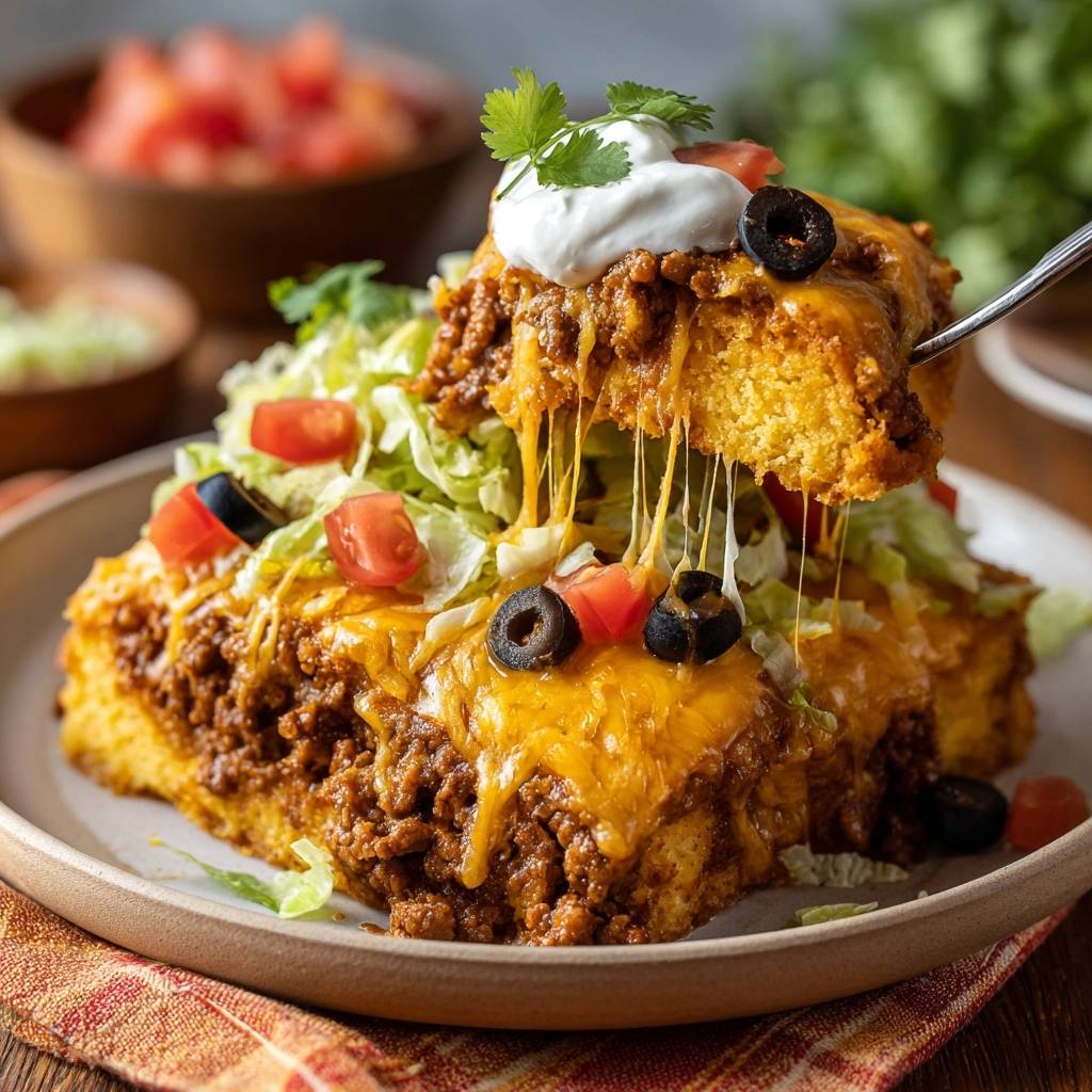 Taco-Maisbrot-Auflauf zeigt einen köstlichen Querschnitt mit Käse, der sich beim Abheben einer Gabel zieht und die saftige Füllung offenbart.