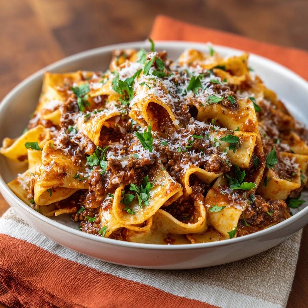 Tagliatelle Mit Hackfleischsosse Draufsicht Serviert 1 Tagliatelle mit perfekter Hackfleischsoße in einer Schüssel serviert, garniert mit frischer Petersilie und geriebenem Parmesan.