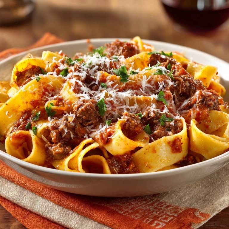 Tagliatelle mit perfekter Hackfleischsoße, serviert in einer cremefarbenen Schüssel, garniert mit frisch geriebenem Parmesan und Petersilie.