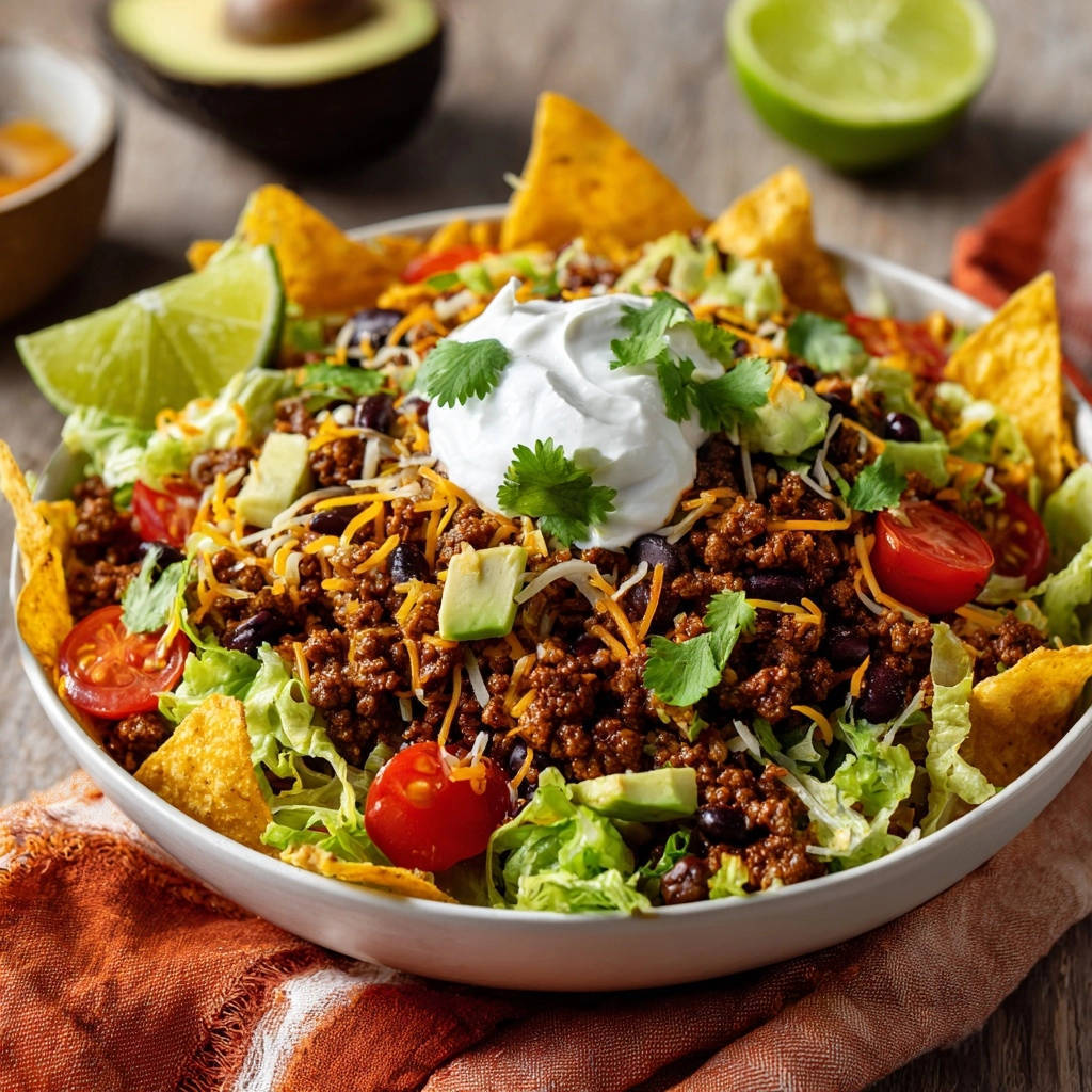 Tex-Mex Hackfleisch Bowl von oben: Eine köstliche Schüssel mit Hackfleisch, Tortilla-Chips, Avocado und frischen Tomaten.