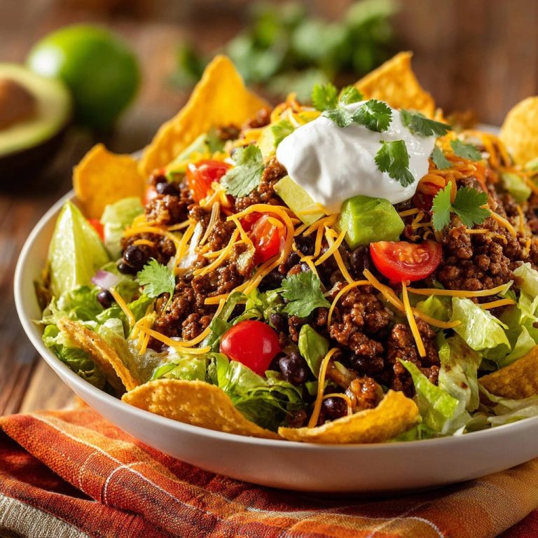 Tex-Mex Hackfleisch Bowl draufsicht serviert, mit saftigem Hackfleisch, frischem Gemüse und knackigen Tortilla-Chips in einer Schüssel.