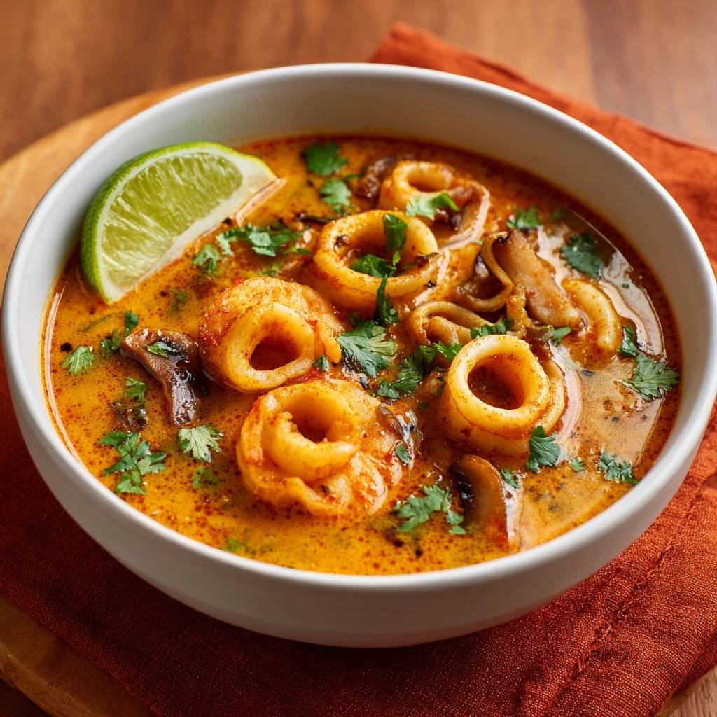 Thailändisches Calamari-Curry mit Shiitake, eine Nahaufnahme mit frischen Kräutern und Limettenspalte garniert.