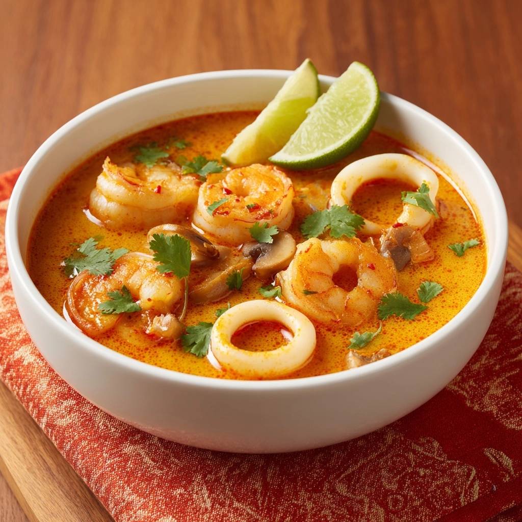 Thailändisches Calamari-Curry mit Shiitake, serviert in einer weißen Schüssel, garniert mit frischem Koriander und Limettenspalten.