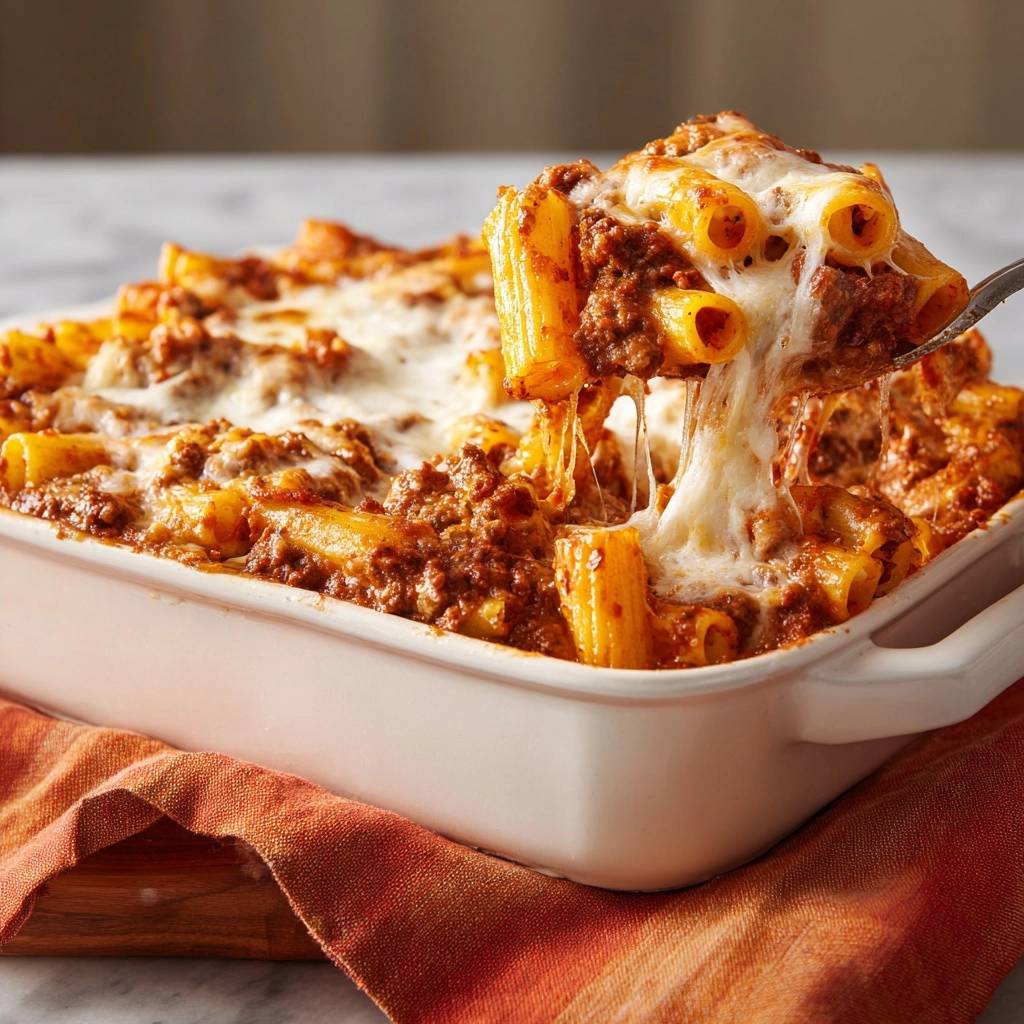 Ueberbackene Rigatoni Hackfleisch Nahaufnahme 1 2 Überbackene Rigatoni mit saftiger Hackfleischsoße, eine Nahaufnahme, die den Käse zeigt, der sich von einer Gabel zieht und die Textur des Gerichts verdeutlicht.