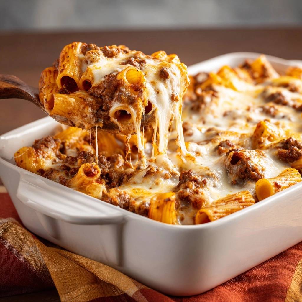 Überbackene Rigatoni mit saftiger Hackfleischsoße in Nahaufnahme: Geschmolzener Käse und dampfende Nudeln auf einem Löffel.
