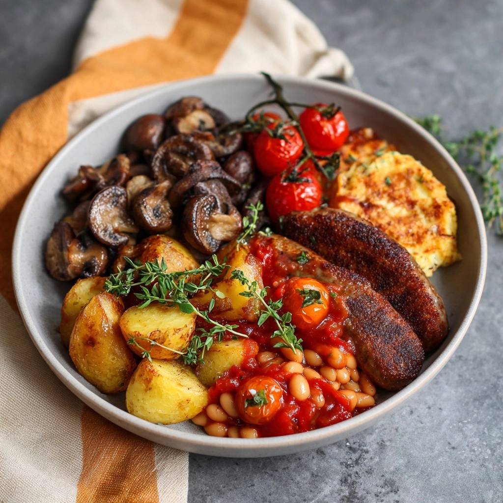 Würstchen-Bohnen-Bowl mit Pilzen & Kartoffeln serviert in einer Schüssel, garniert mit frischem Thymian und Tomaten. Ein herzhaftes Frühstück oder Mittagessen.