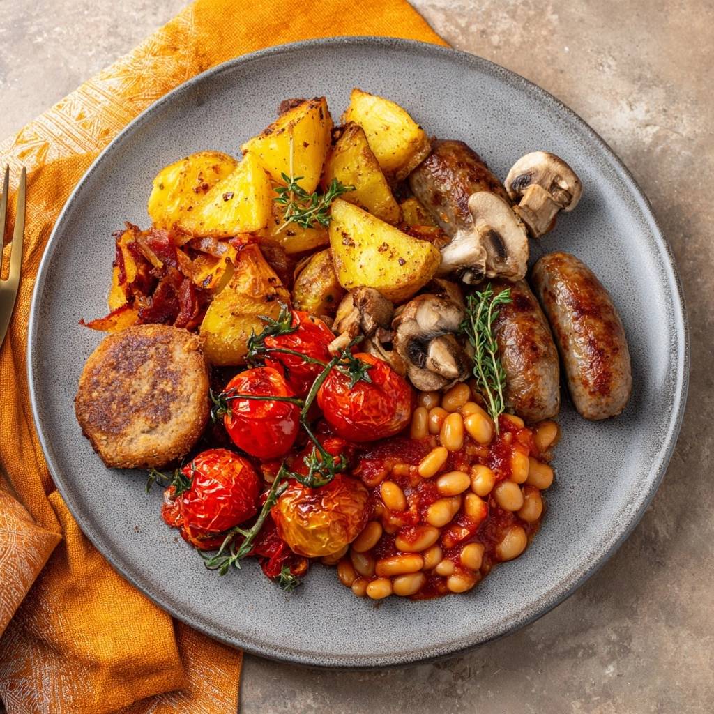 Wurstchen Bohnen Bowl Mit Pilzen Kartoffeln Serviert 1 Würstchen-Bohnen-Bowl mit Pilzen & Kartoffeln serviert auf einem grauen Teller mit einer goldenen Gabel und einem gelben Servietten-Detail.