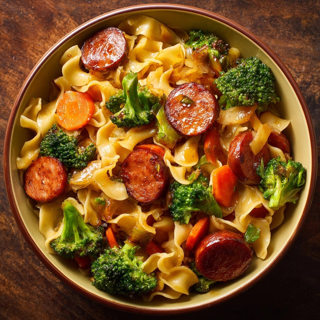 Wurzige Wurst Nudel Pfanne Mit Brokkoli Draufsicht 1 Würzige Wurst-Nudel-Pfanne mit Brokkoli, draufsicht. Eine köstliche Mahlzeit mit Nudeln, Wurst, Brokkoli und Karotten, serviert in einer rustikalen Schüssel.