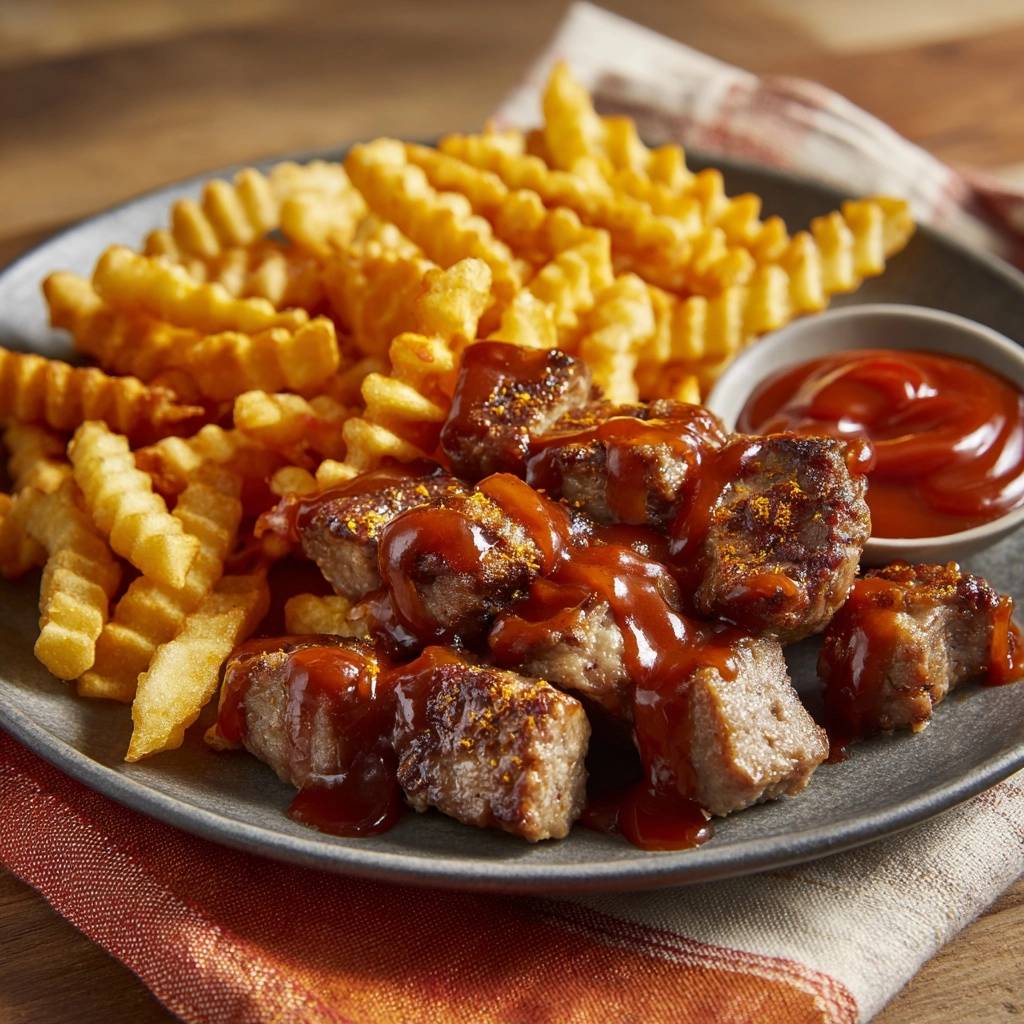 Wurziges Rindfleisch Curry Mit Spiralpommes Serviert 1 Würziges Rindfleisch-Curry mit Spiralpommes serviert auf einem grauen Teller. Das Gericht ist mit Curry-Sauce übergossen und wird von goldgelben Pommes begleitet.