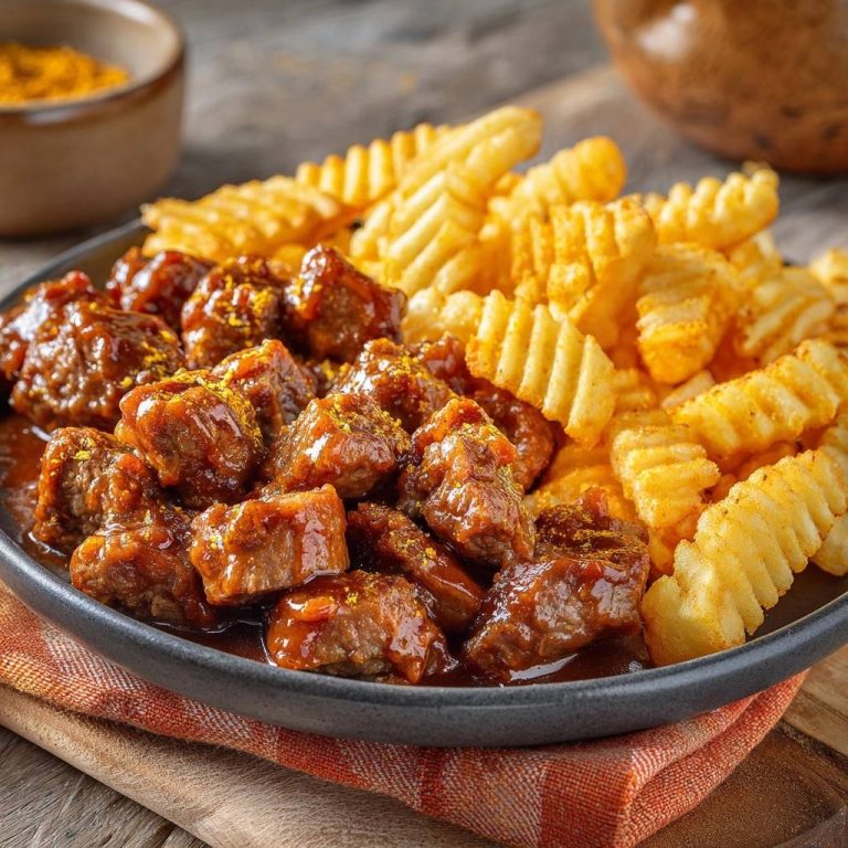 Würziges Rindfleisch-Curry mit Spiralpommes, serviert auf einem Teller. Die saftige Sauce bedeckt die Fleischstücke, daneben knusprige Pommes.