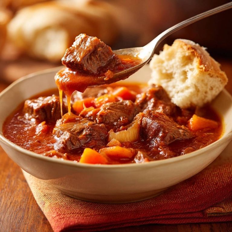 Zartes Rindergulasch mit Karotten, serviert in einer Schüssel, wird mit einem Löffel präsentiert, der das Gericht zum Vorschein bringt.