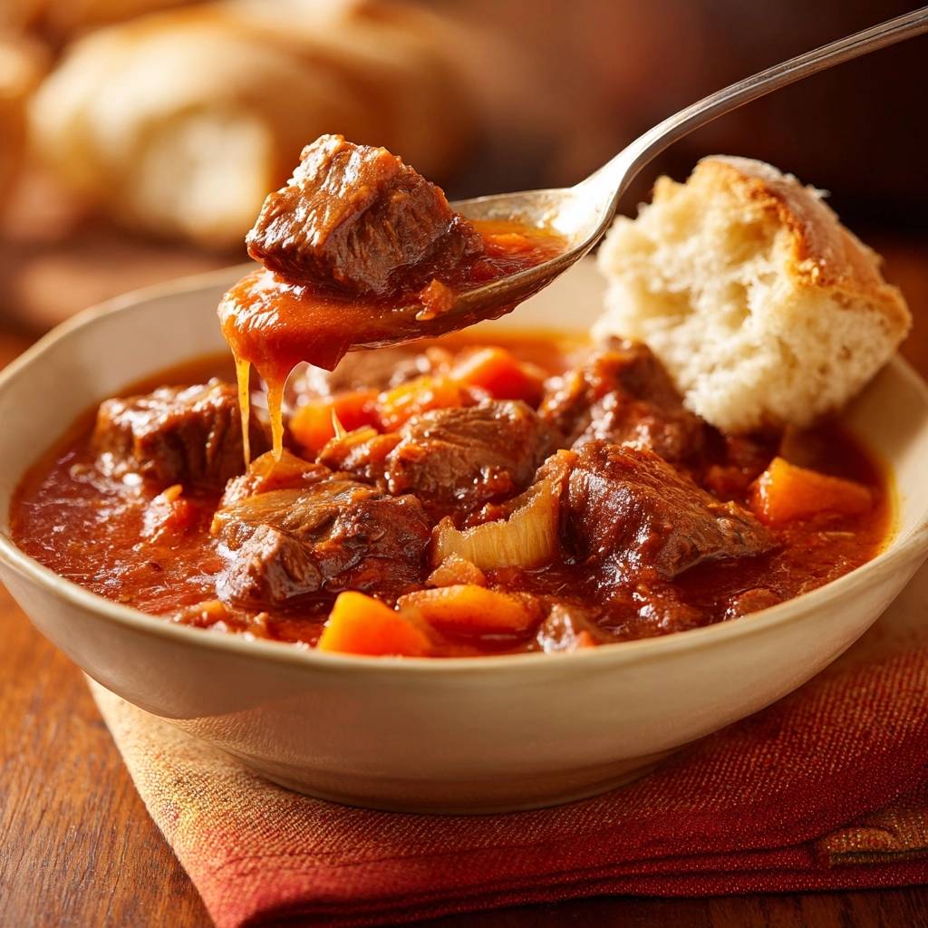 Zartes Rindergulasch mit Karotten, serviert in einer Schüssel, wird mit einem Löffel präsentiert, der das Gericht zum Vorschein bringt.
