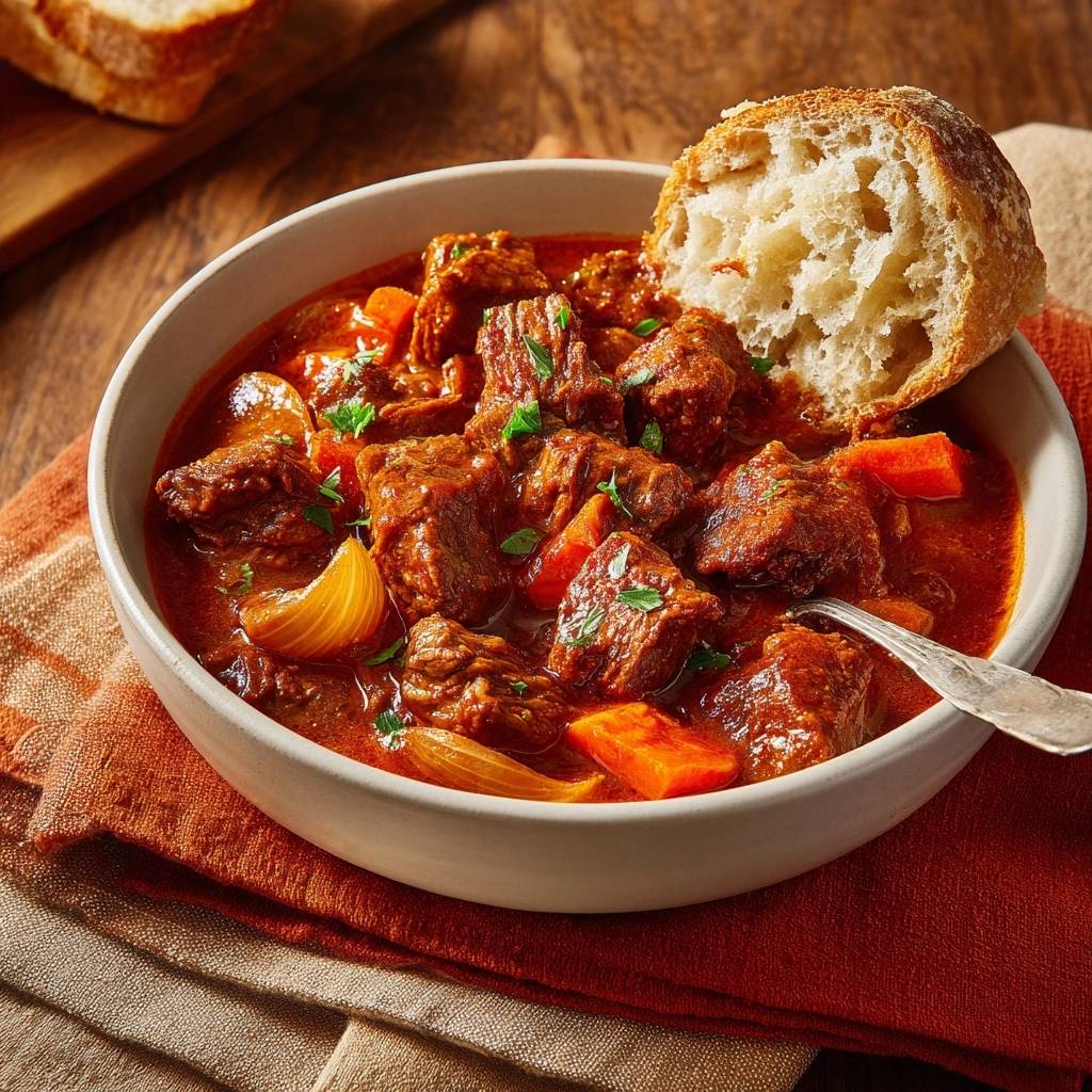 Zartes Rindergulasch mit Karotten serviert in einer Schüssel mit einem Stück Brot, das in die herzhafte Sauce getunkt wird.