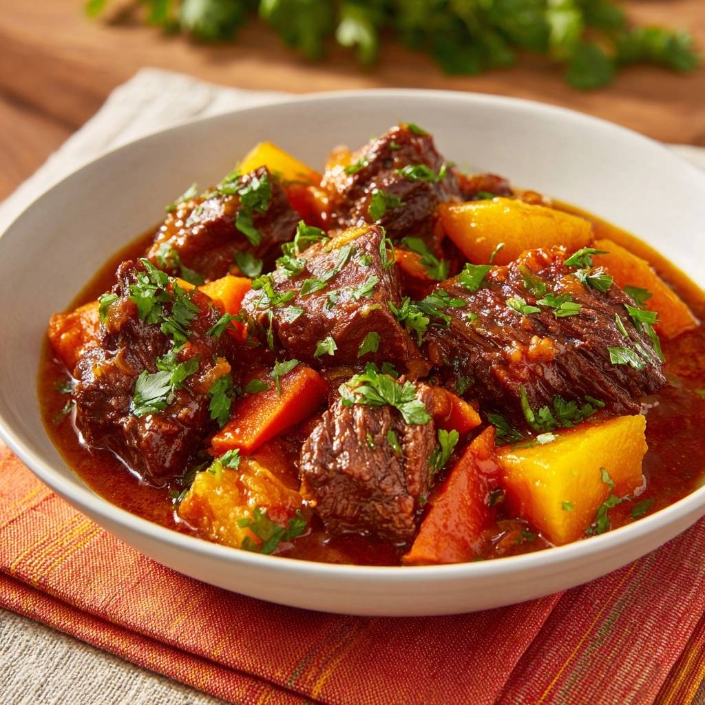 Zartes Rindergulasch mit Kürbis, serviert in einer Schüssel, mit frischen Kräutern garniert und in Nahaufnahme von oben fotografiert.