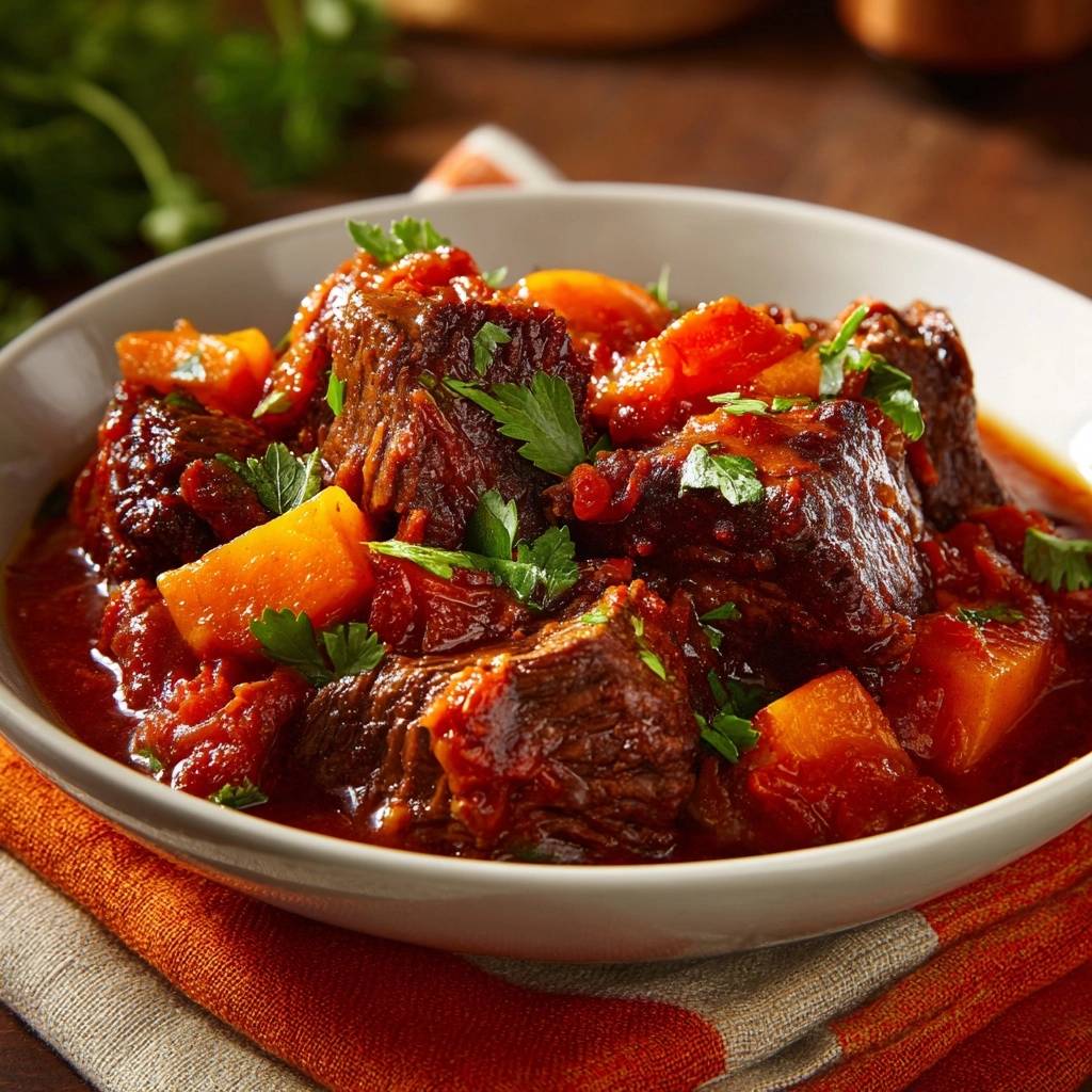 Zartes Rindergulasch mit Kürbis, serviert in einer Schüssel. Saftiges, geschmortes Fleisch mit Kürbisstücken und frischen Kräutern garniert.
