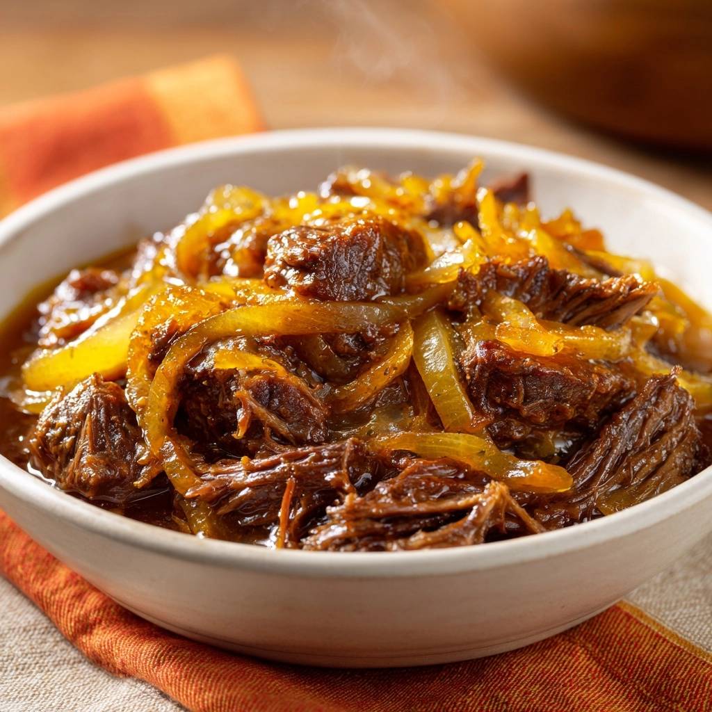 Zartes Zwiebel-Rindfleisch als Nahaufnahme mit aufsteigendem Dampf, serviert in einer Schüssel.