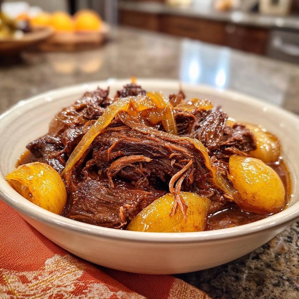 Zartes Zwiebel-Rindfleisch in einer Schüssel, appetitlich serviert mit Zwiebeln und Kartoffeln, Nahaufnahme.